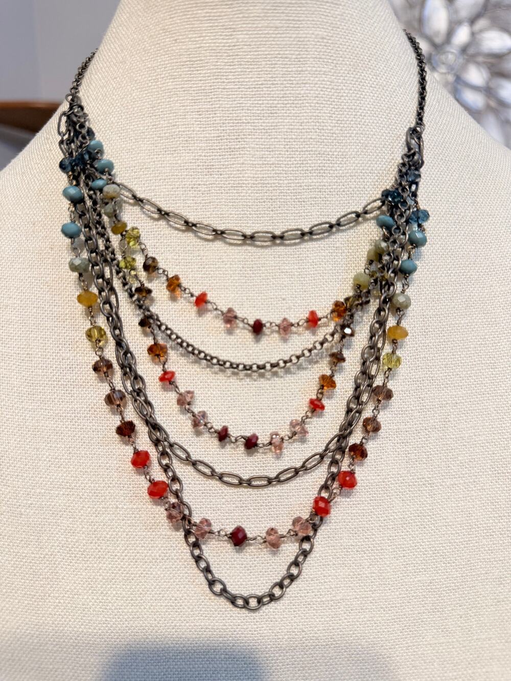 Vintage Fossil Multi Strand Crystal Chain Necklace 15-20”
